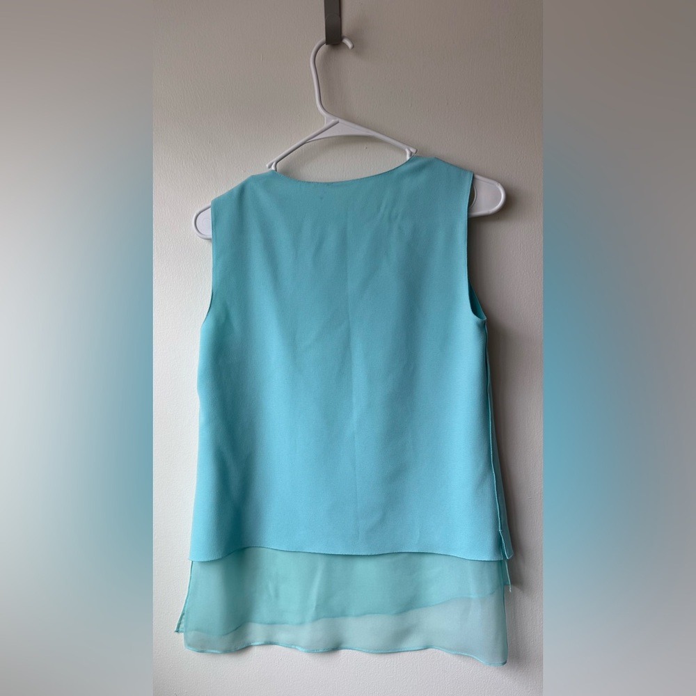 Elie Tahari Sleeveless V-Neck Chiffon Layered Tank - Aqua Blue - Picture 3 of 5